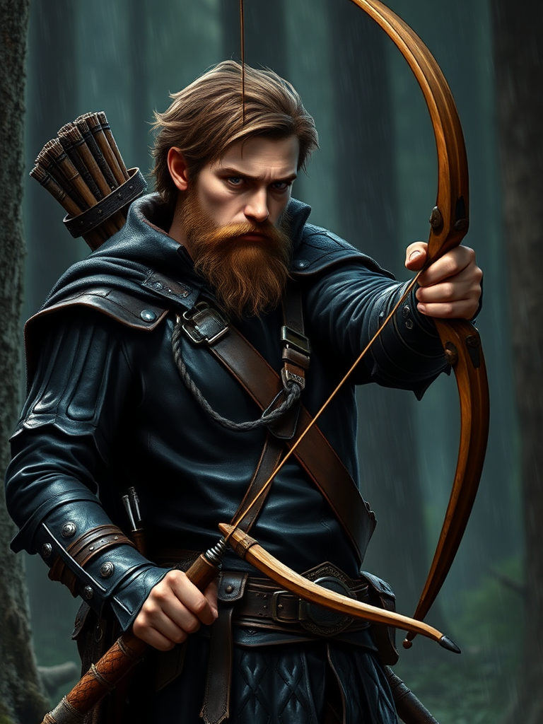 In the dark woods, a ranger with a beard.