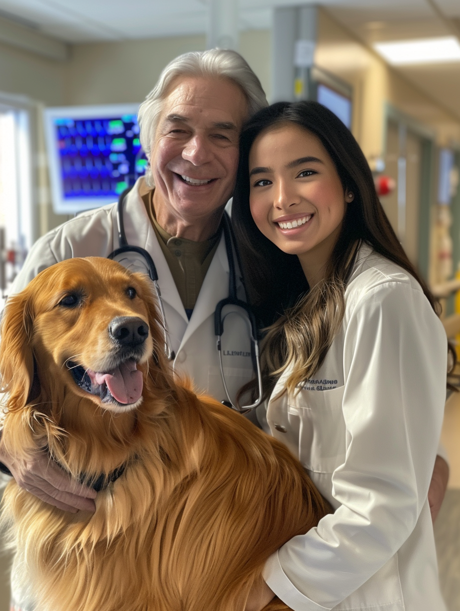 In the hospital, Dad, girl, golden retriever smiling.