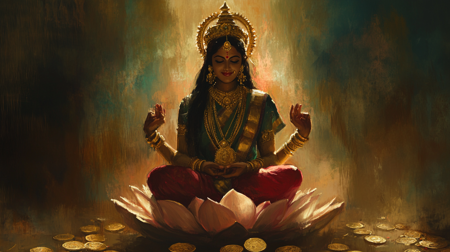 Indian Goddess Mahalaxhmi Mata Sitting on Golden Throne