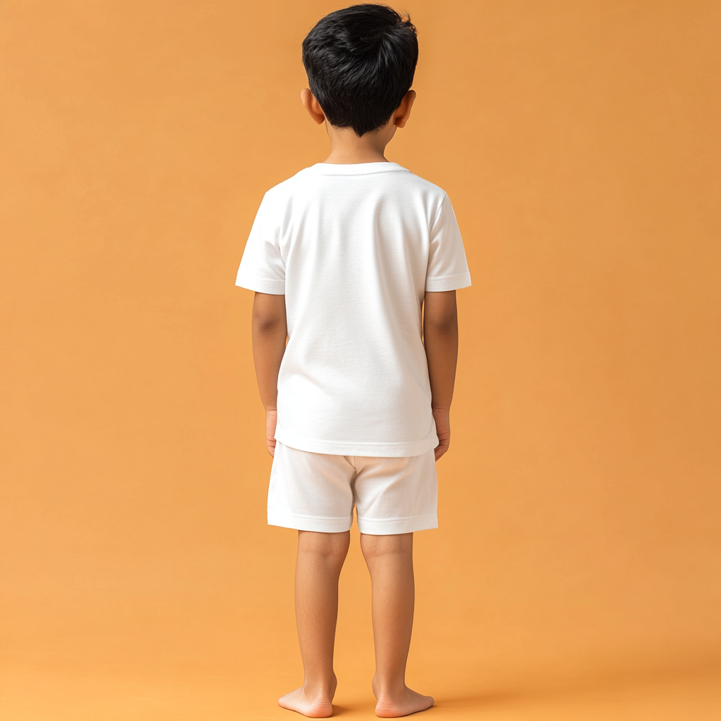 Indian boy in white t-shirt and shorts, back view.