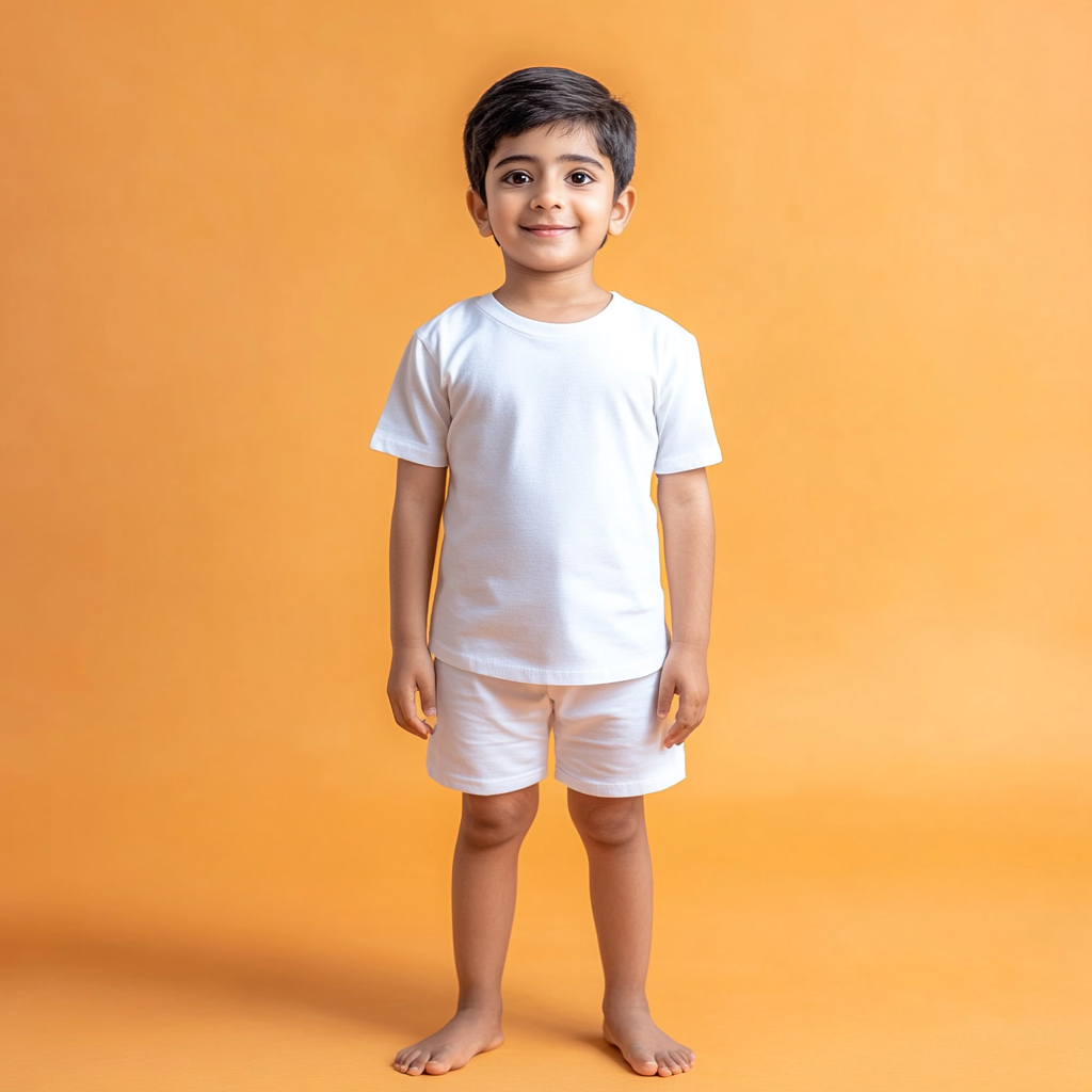 Indian boy in white t-shirt and shorts, orange background.