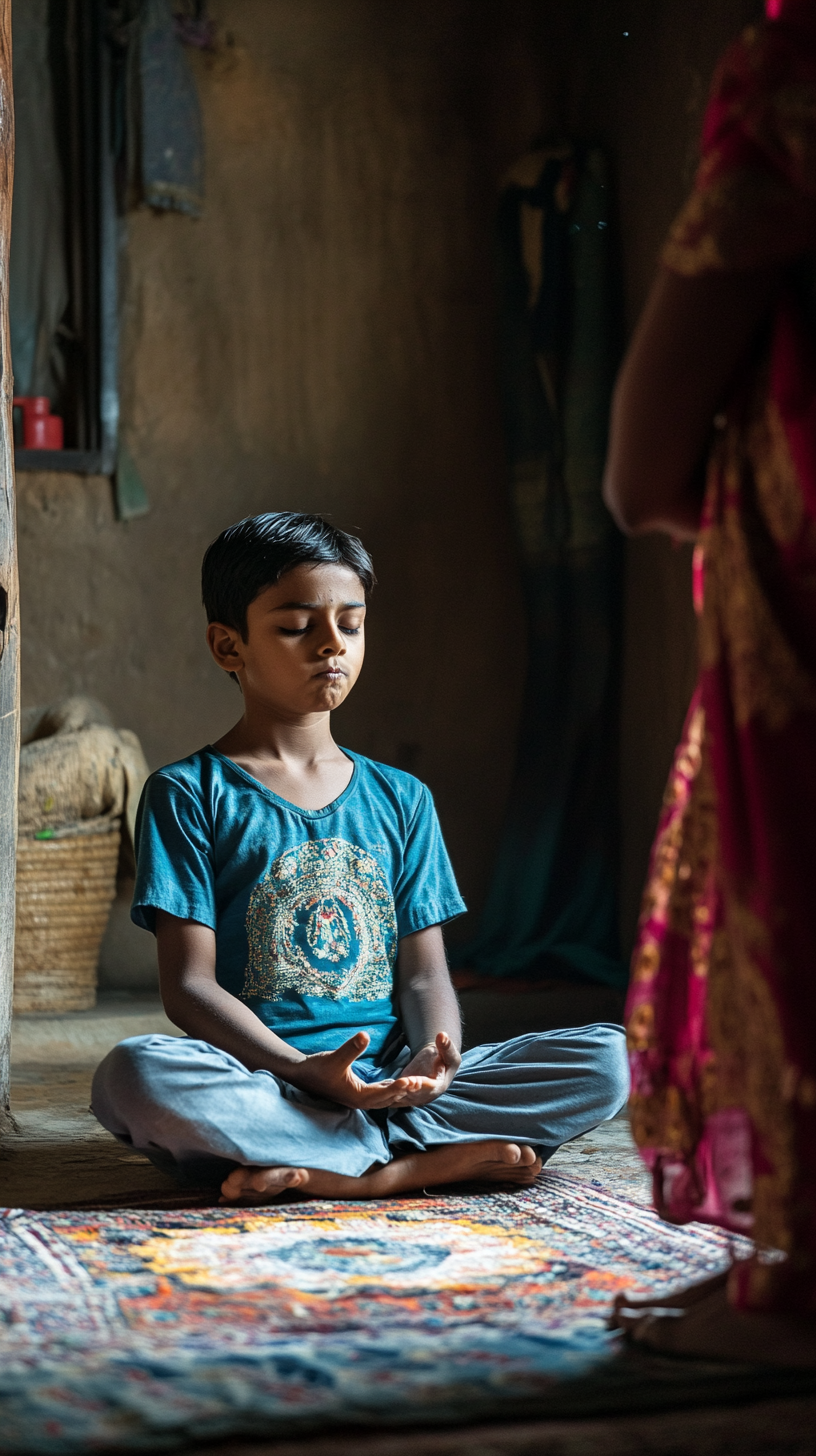 Indian boy meditating, mother scolding, room in village.