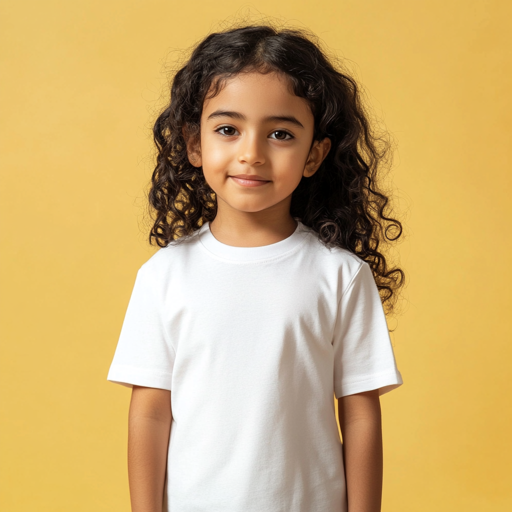 Indian girl in white co-ords, light yellow background.