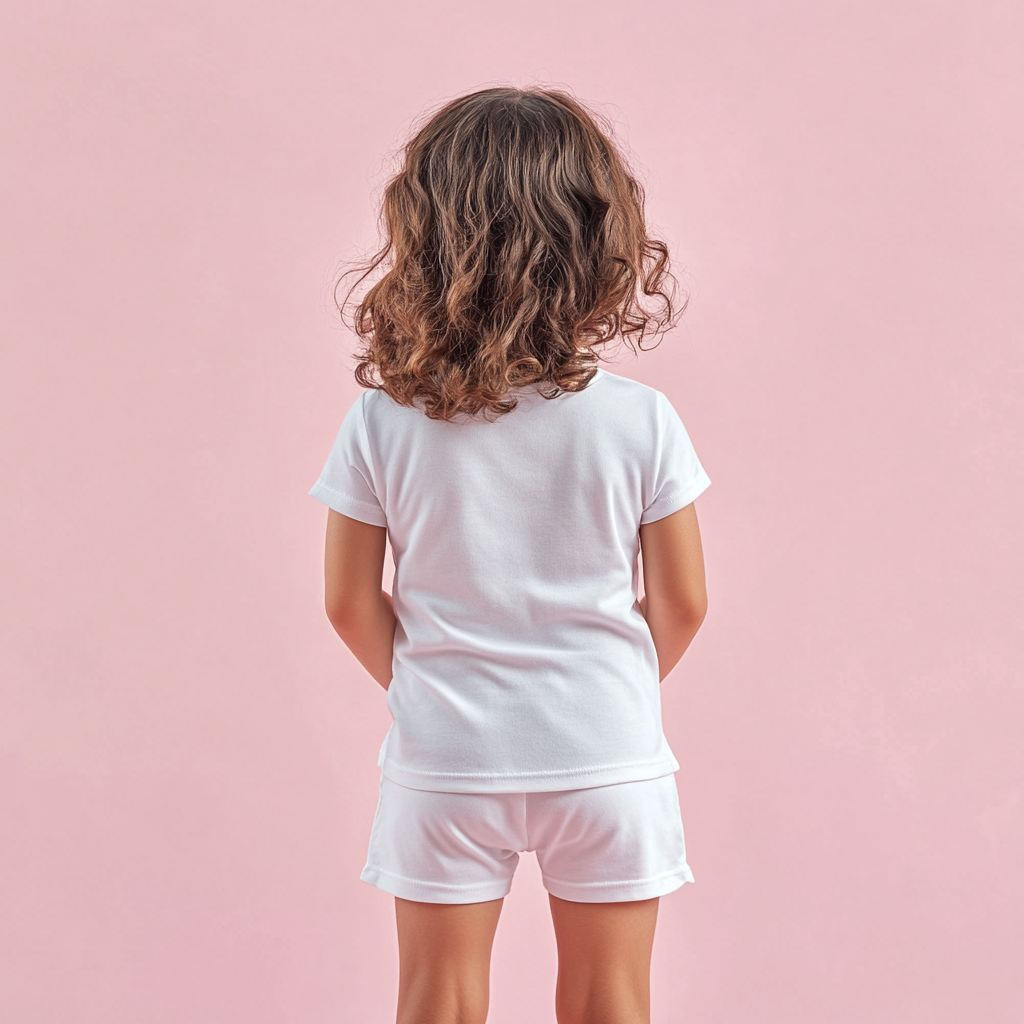 Indian girl in white outfit with curly hair.