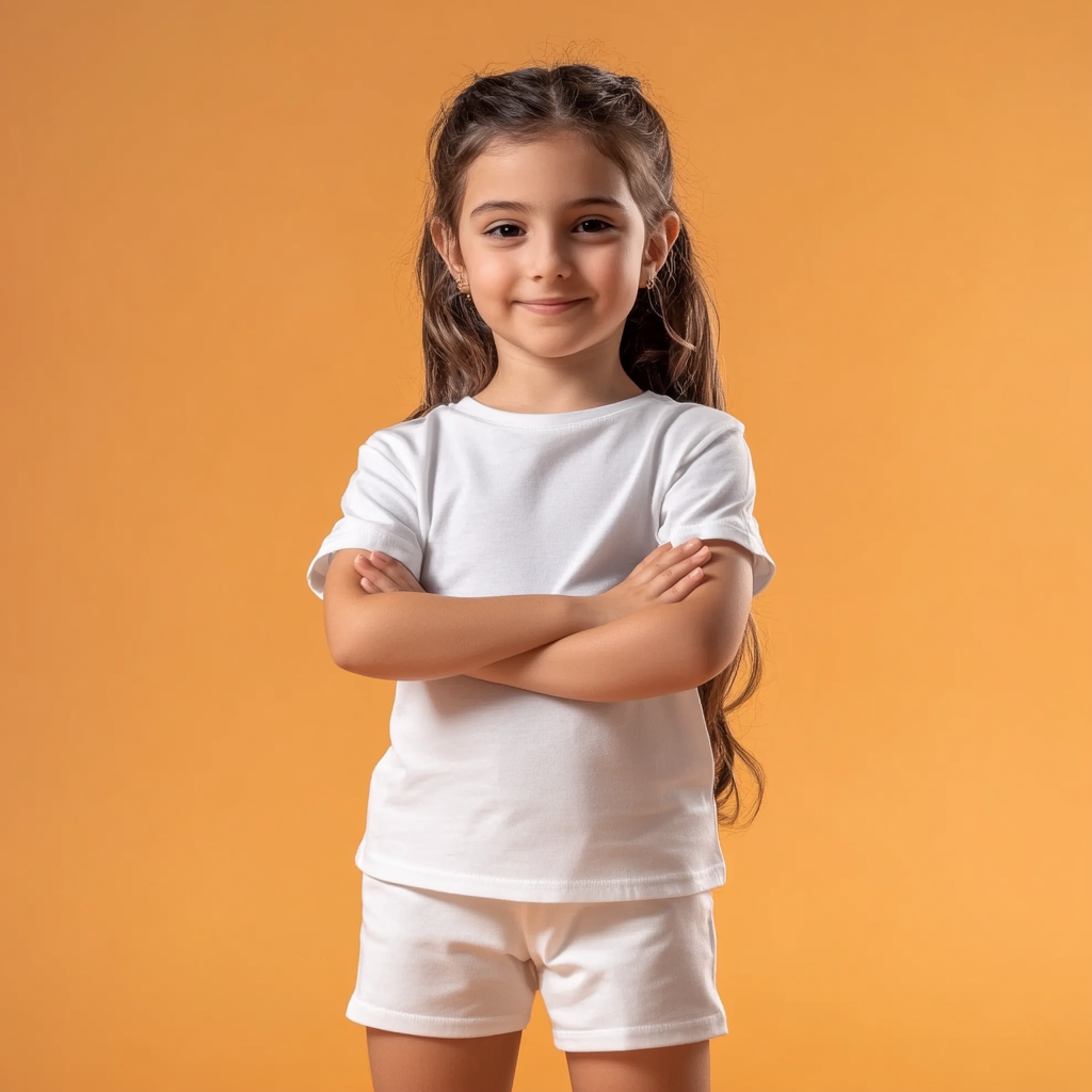 Indian girl in white outfit with smooth hair standing