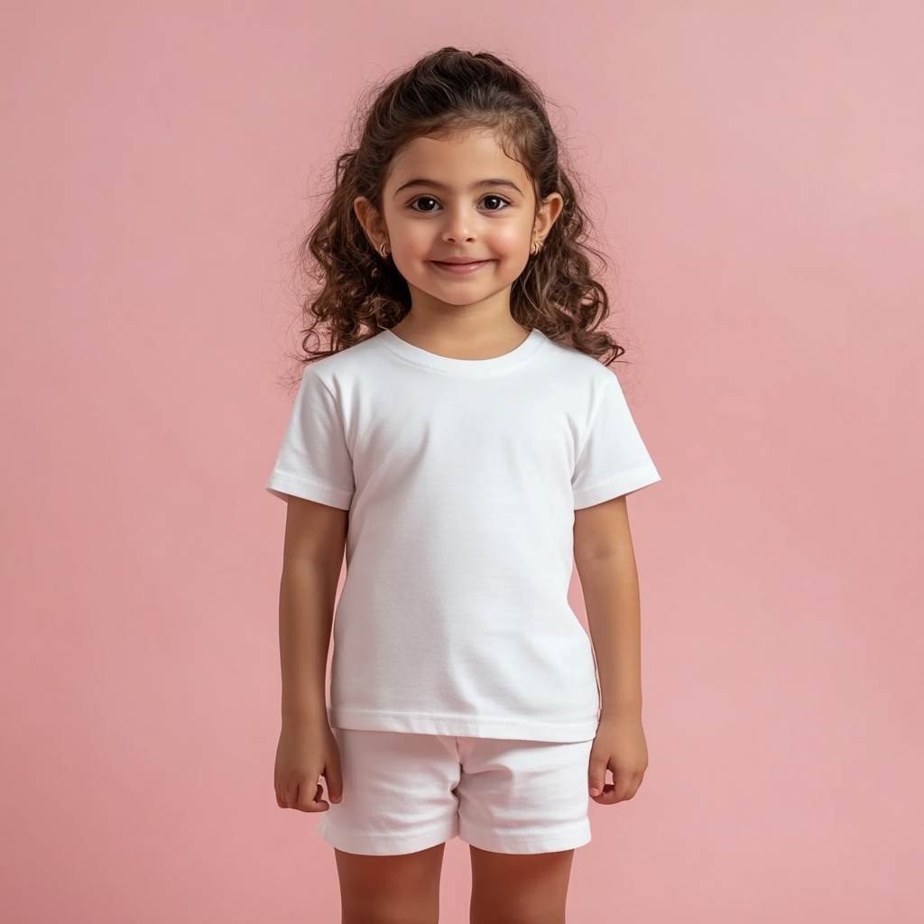 Indian girl in white shirt and shorts, studio lighting.