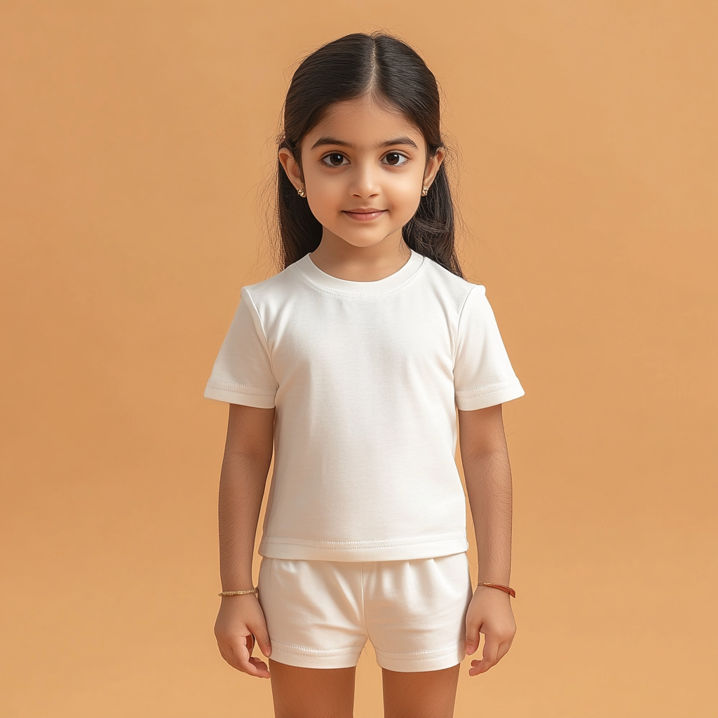 Indian girl in white t-shirt and shorts, standing gracefully.