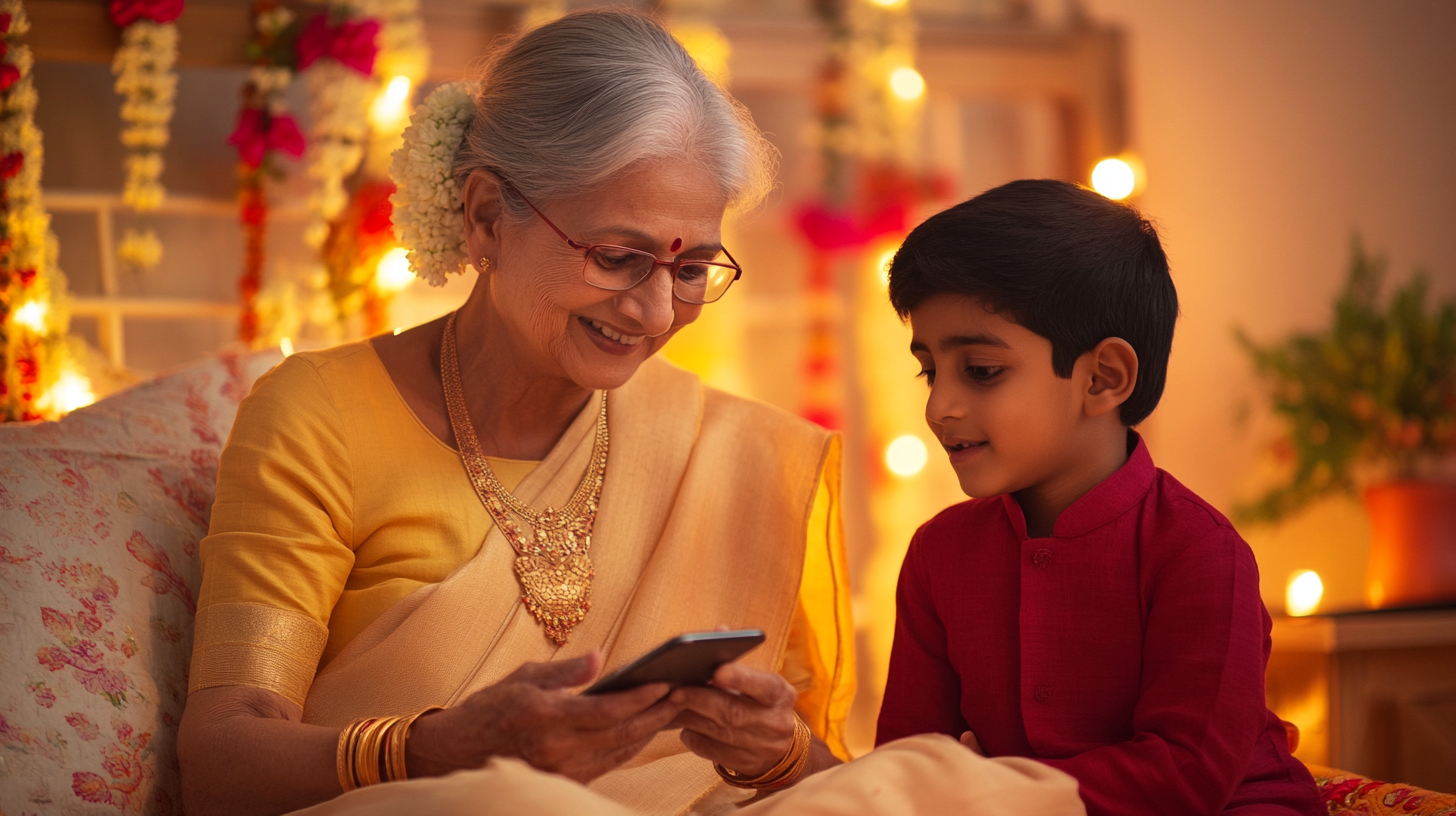 Indian grandmother and grandson bond during Diwali celebration.