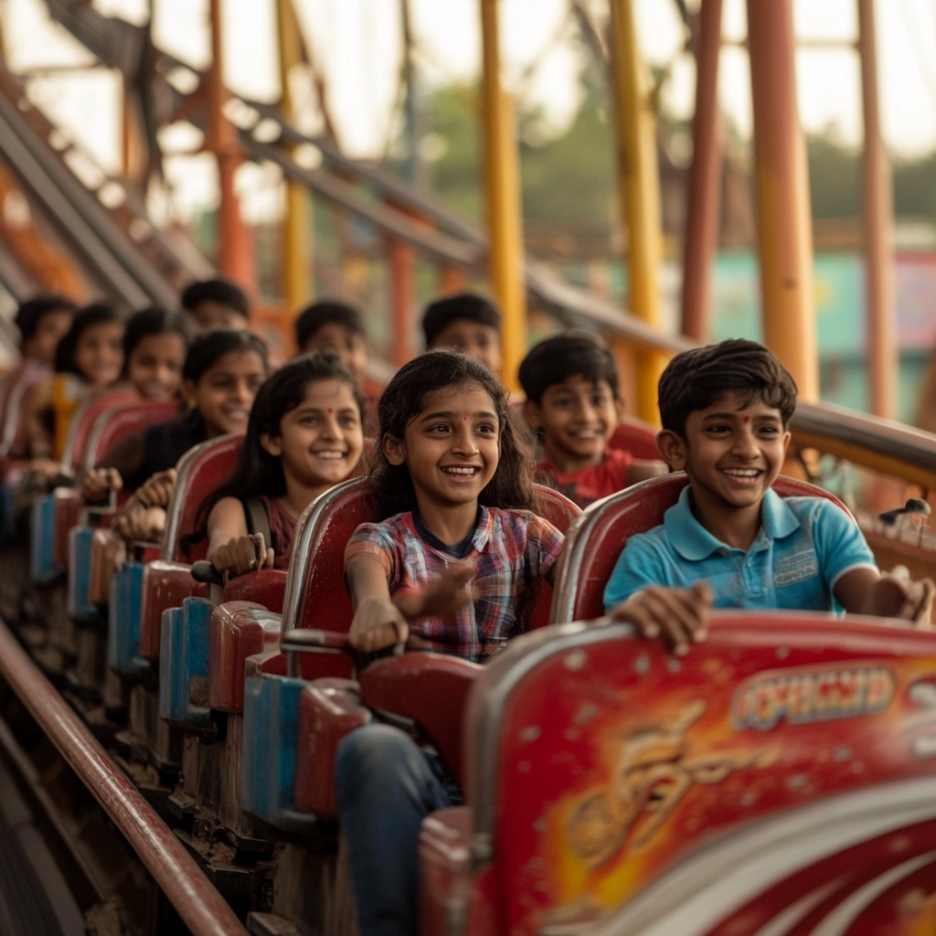 Indian kids enjoy roller coaster ride with empty seat.