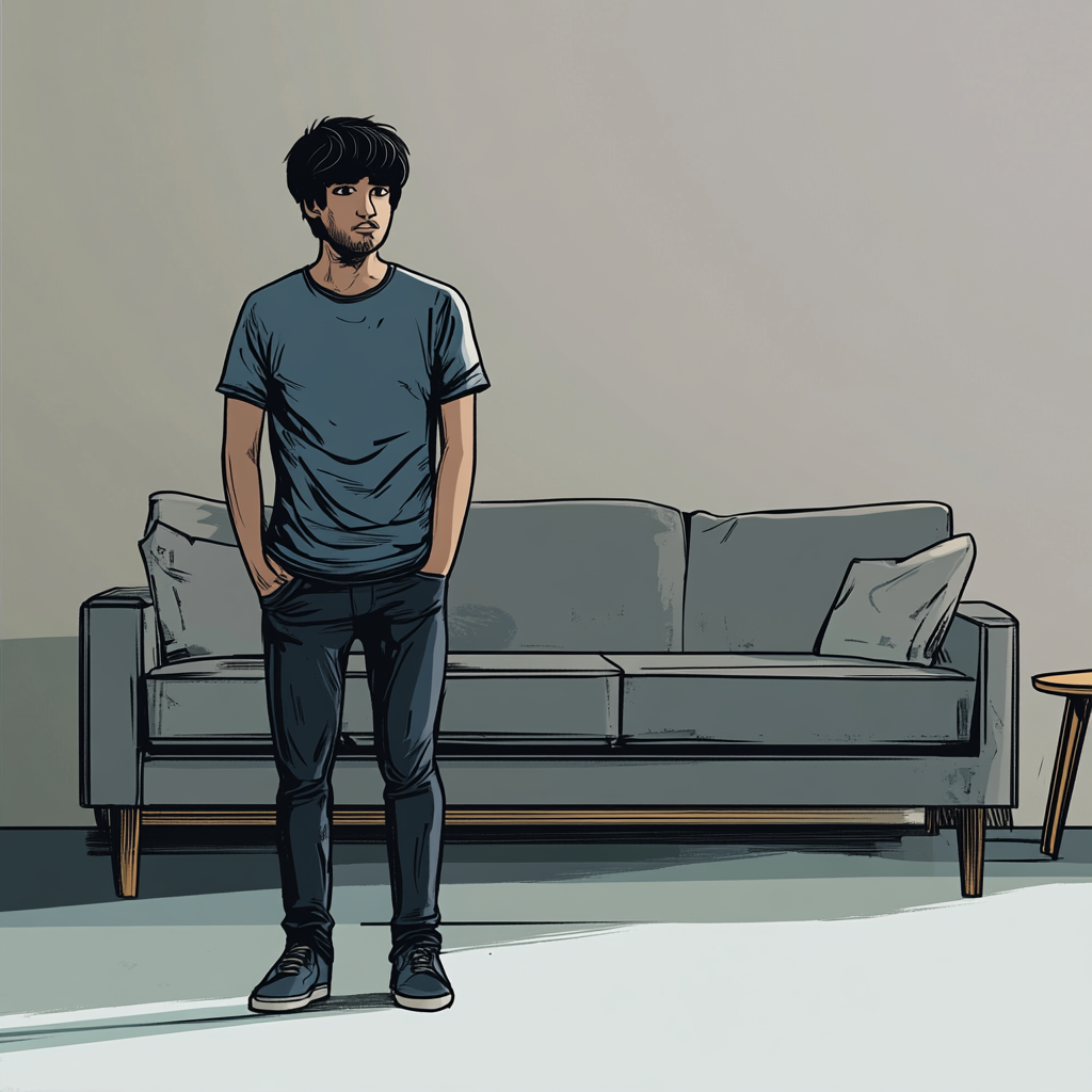 Indian person in casual clothes judging near a couch.