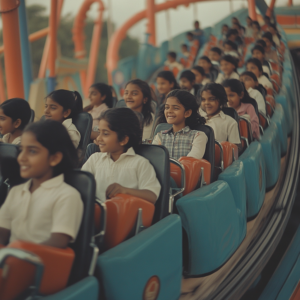 Indian students enjoy roller coaster ride with empty seat.