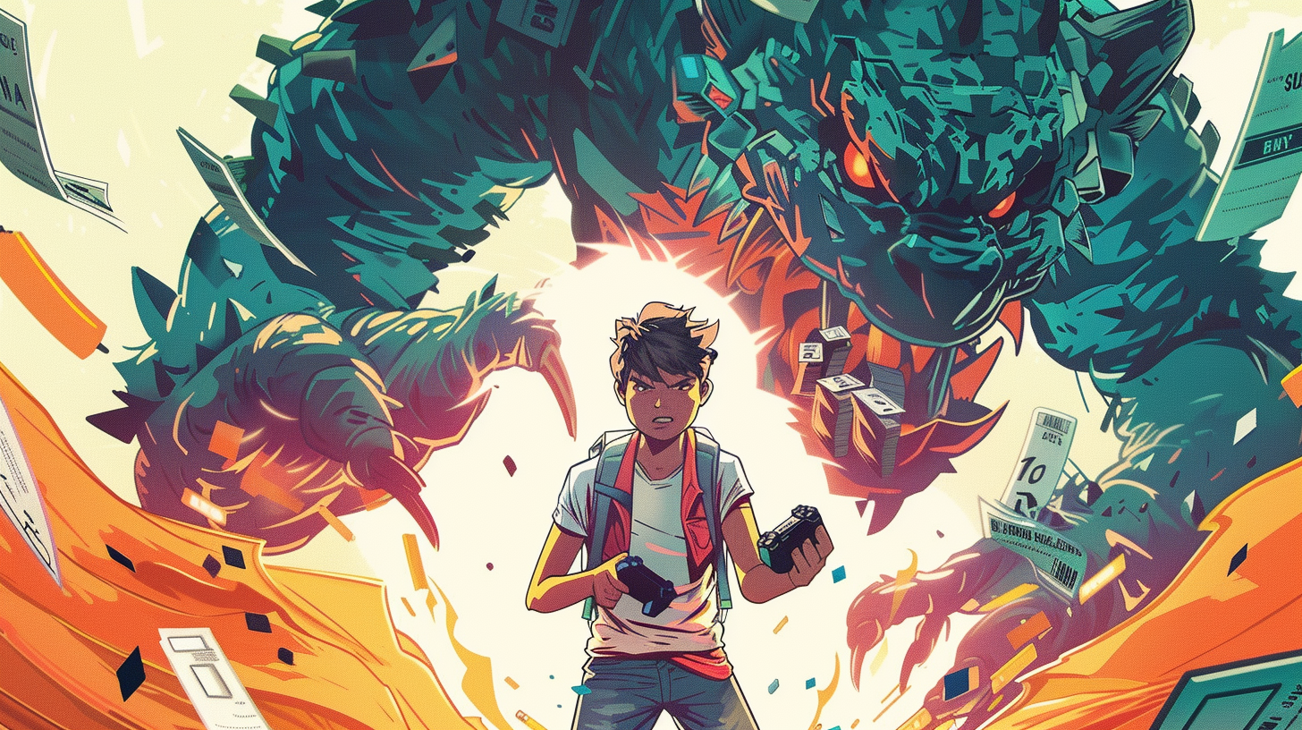 Indian teen hero battling giant SAT monster with controller sword.