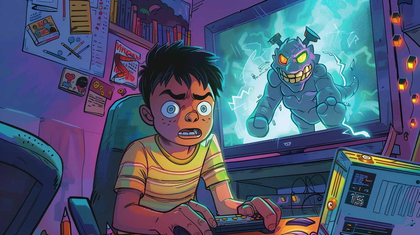 Indian teenage boy playing video games, surprised by monster.