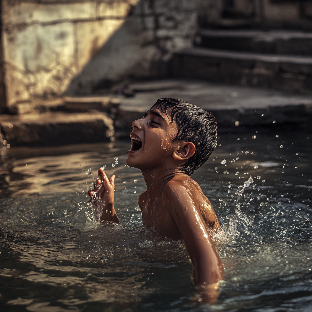 Indian village boy falling in pond, scared, screaming