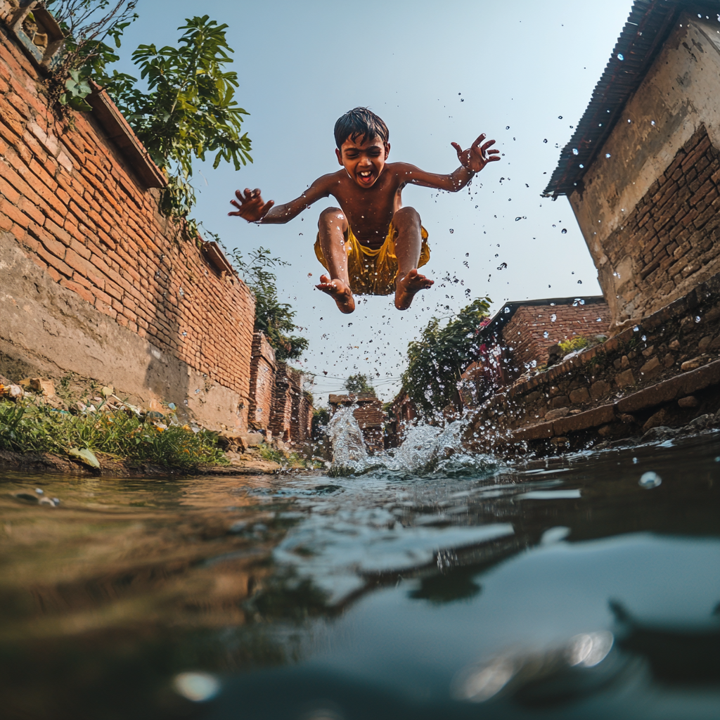 Indian village boy falls in pond, cinematic expression captured with Sony a7R4 camera