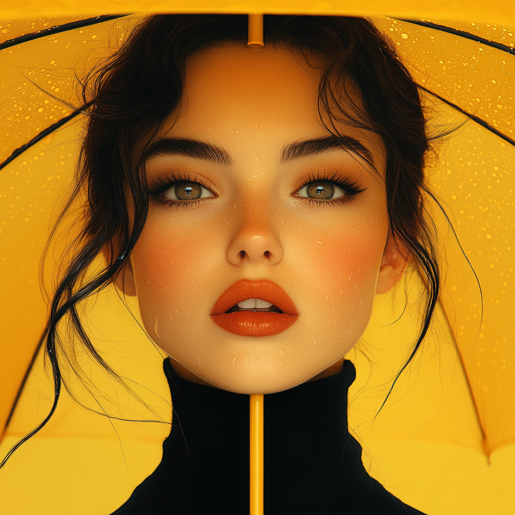 Indian woman in casual clothes under yellow umbrella in rain.