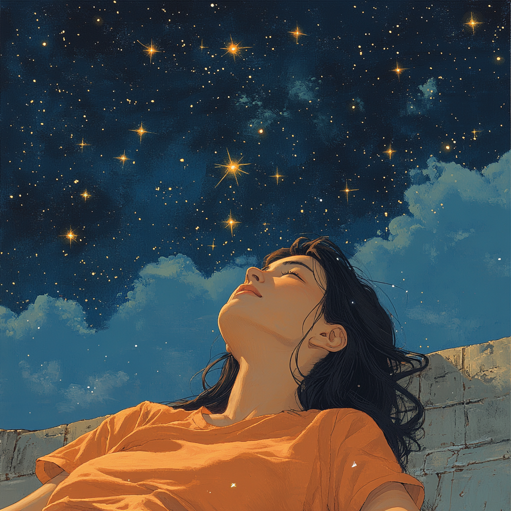 Indian woman on roof, staring at night sky.