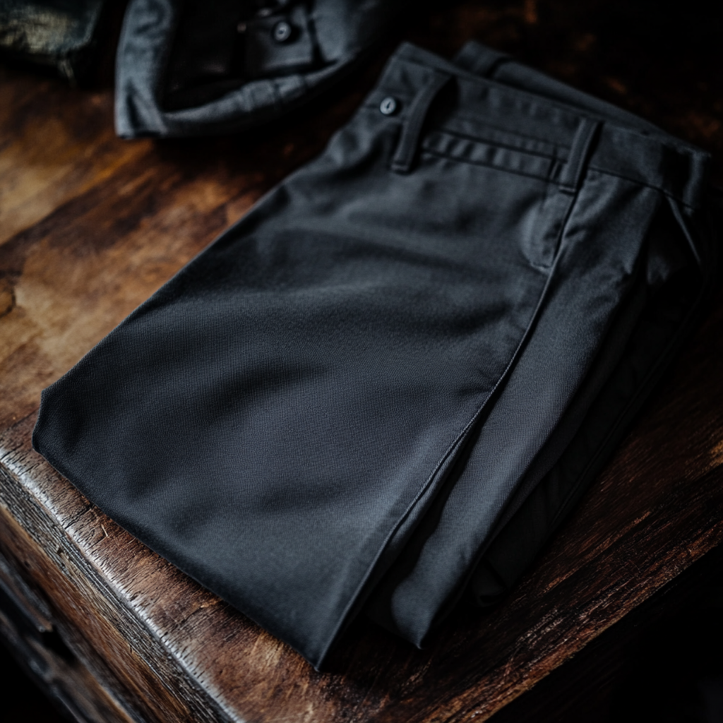 Indie photo of grey chino trousers on polished wood.