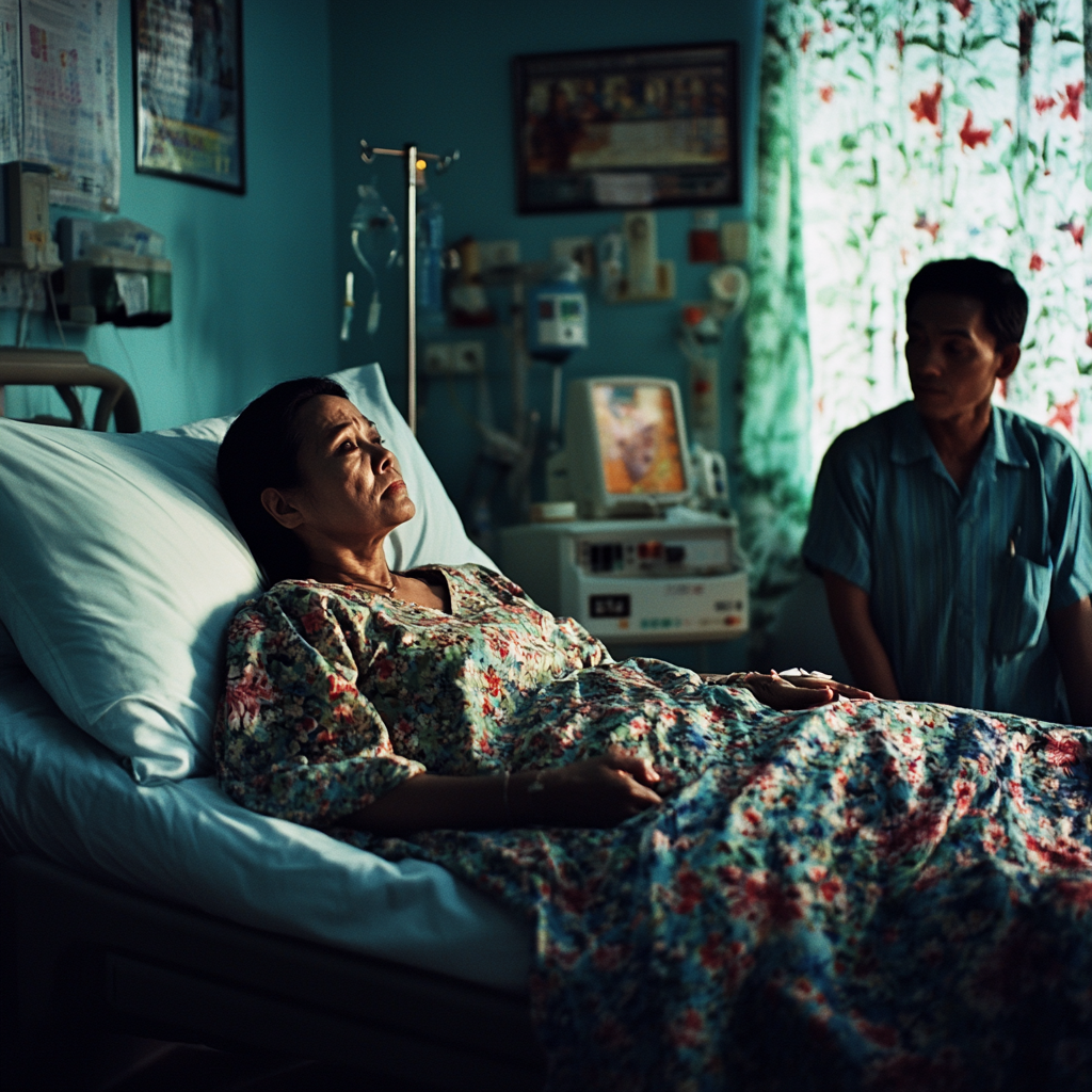 Indonesian lady lying in hospital bed reaching arm skyward.