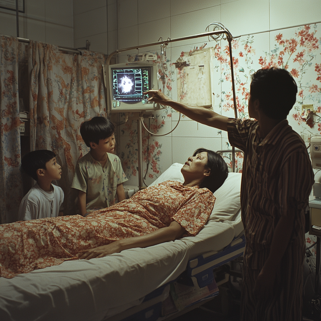 Indonesian lady on deathbed reaches out to sky.