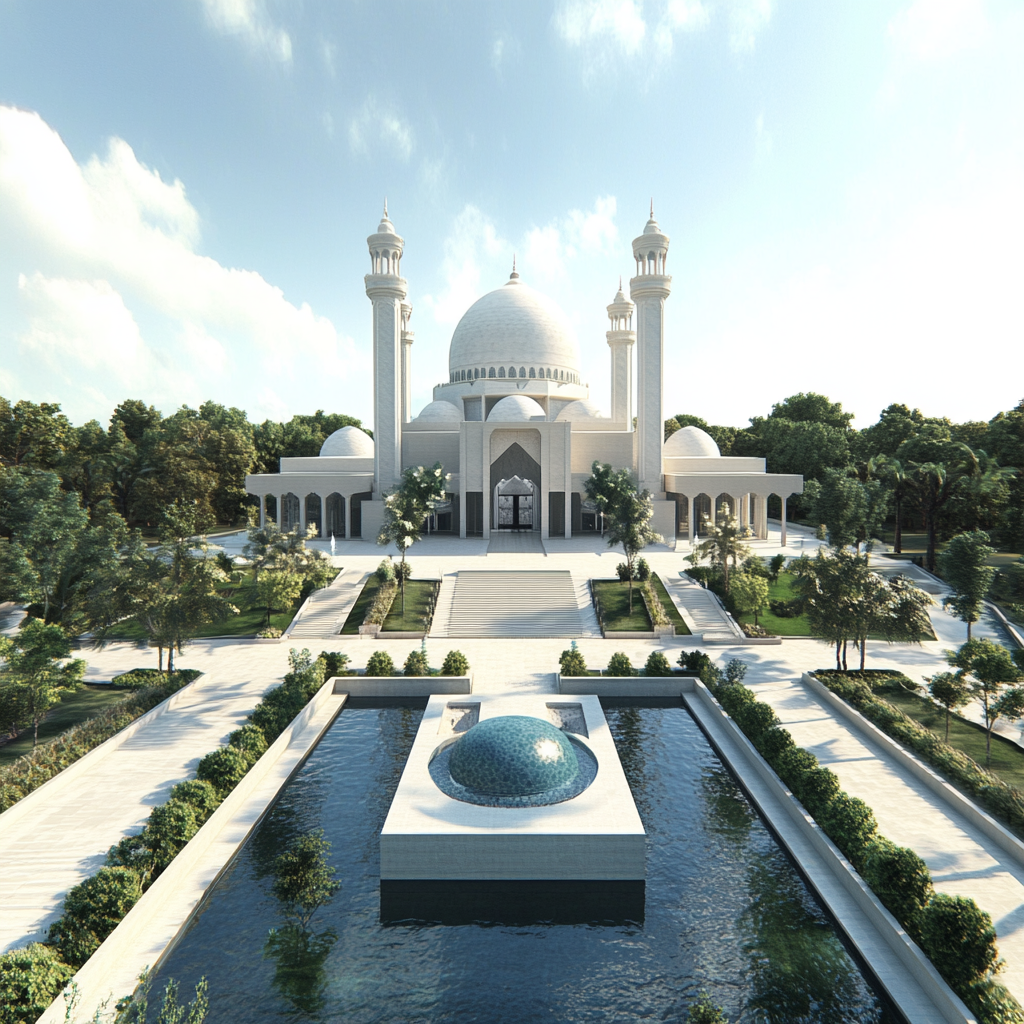 Indonesian mosque with pond and sea wave adaptation concept.