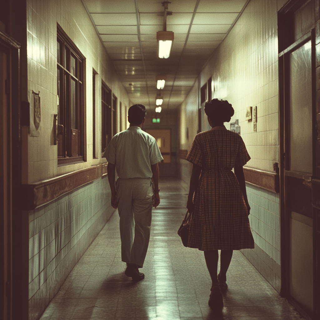 Indonesian parents walking in hospital hallway, in Harlem, 1987.