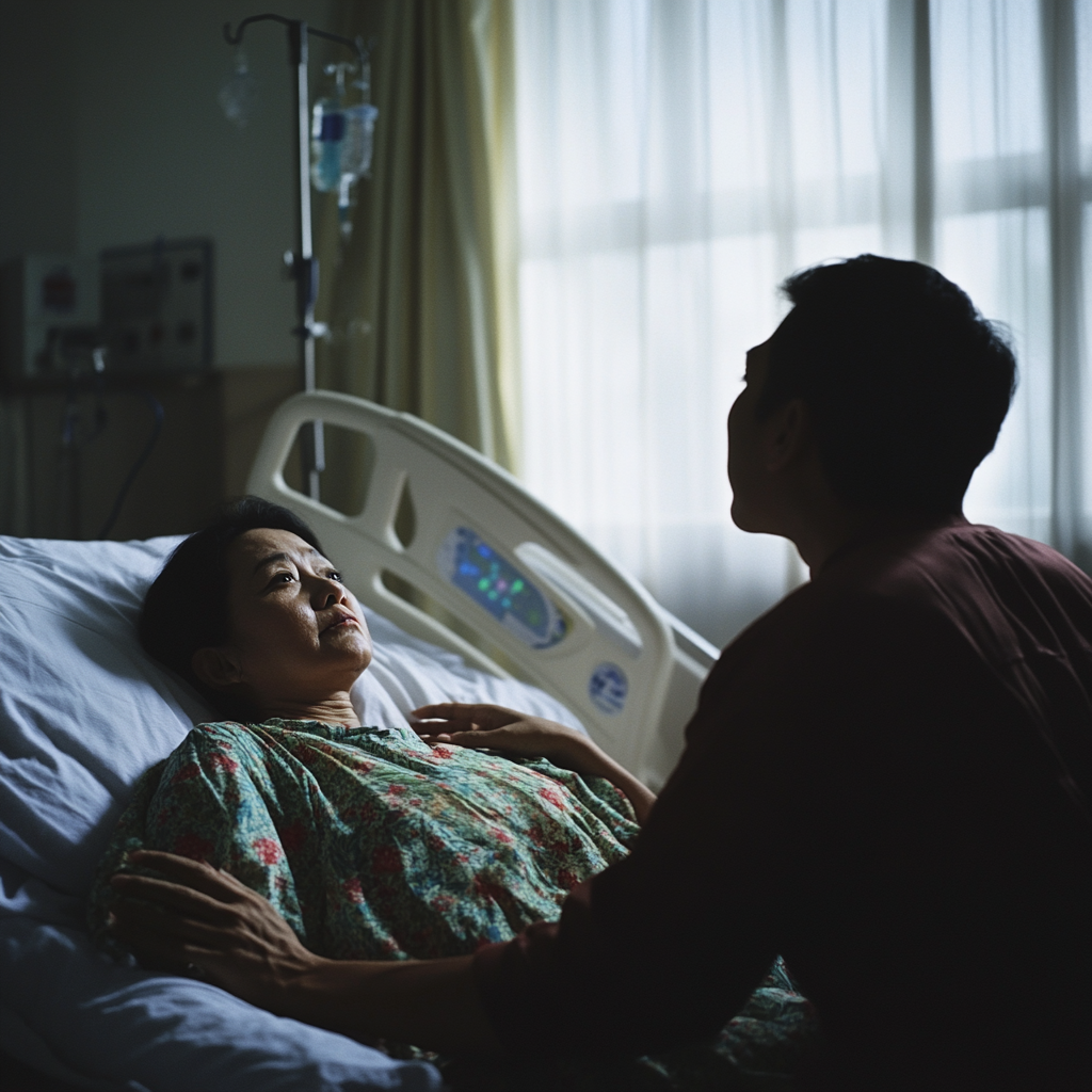 Indonesian woman reaching towards sky on deathbed with husband