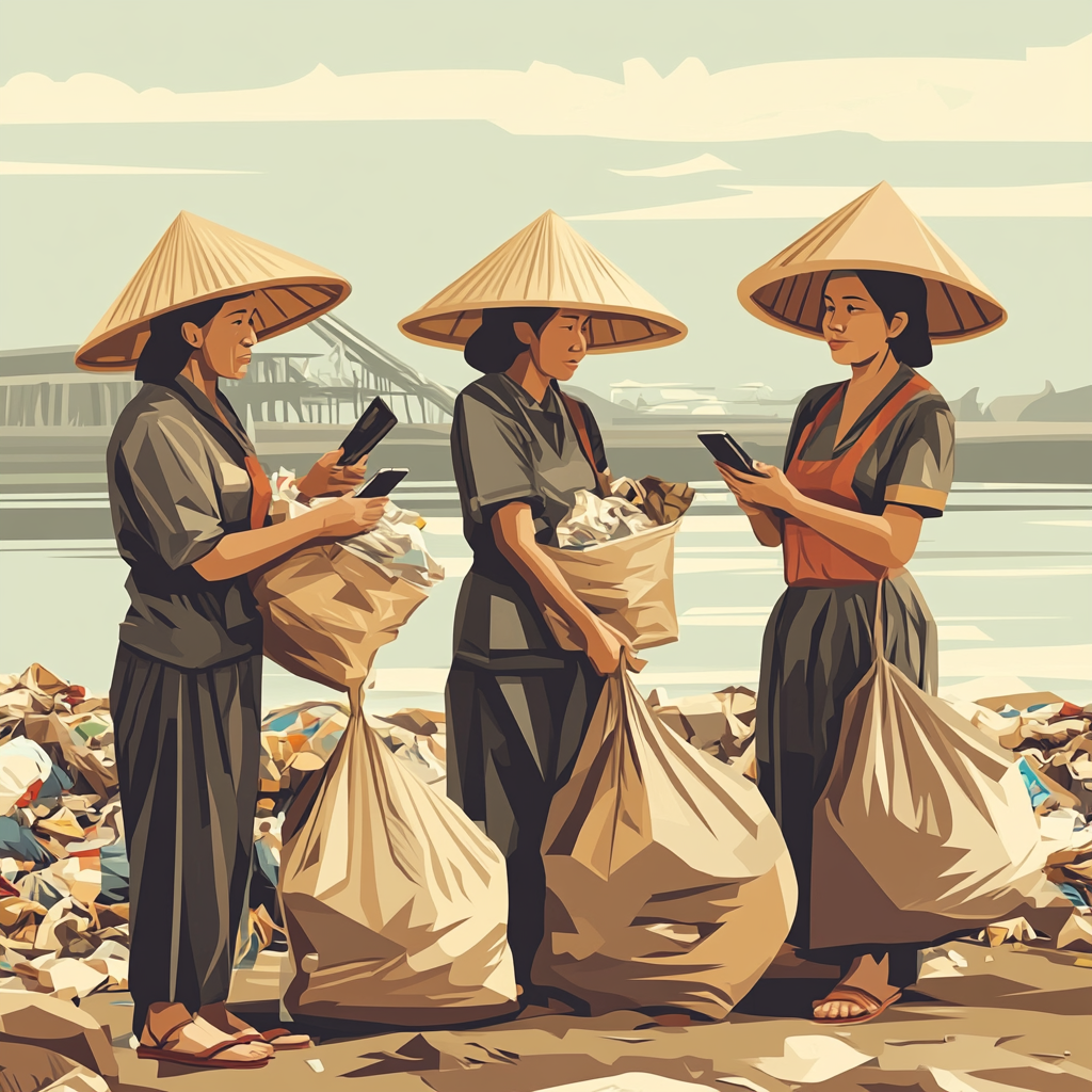 Indonesian women collect recyclables with traditional round hats.