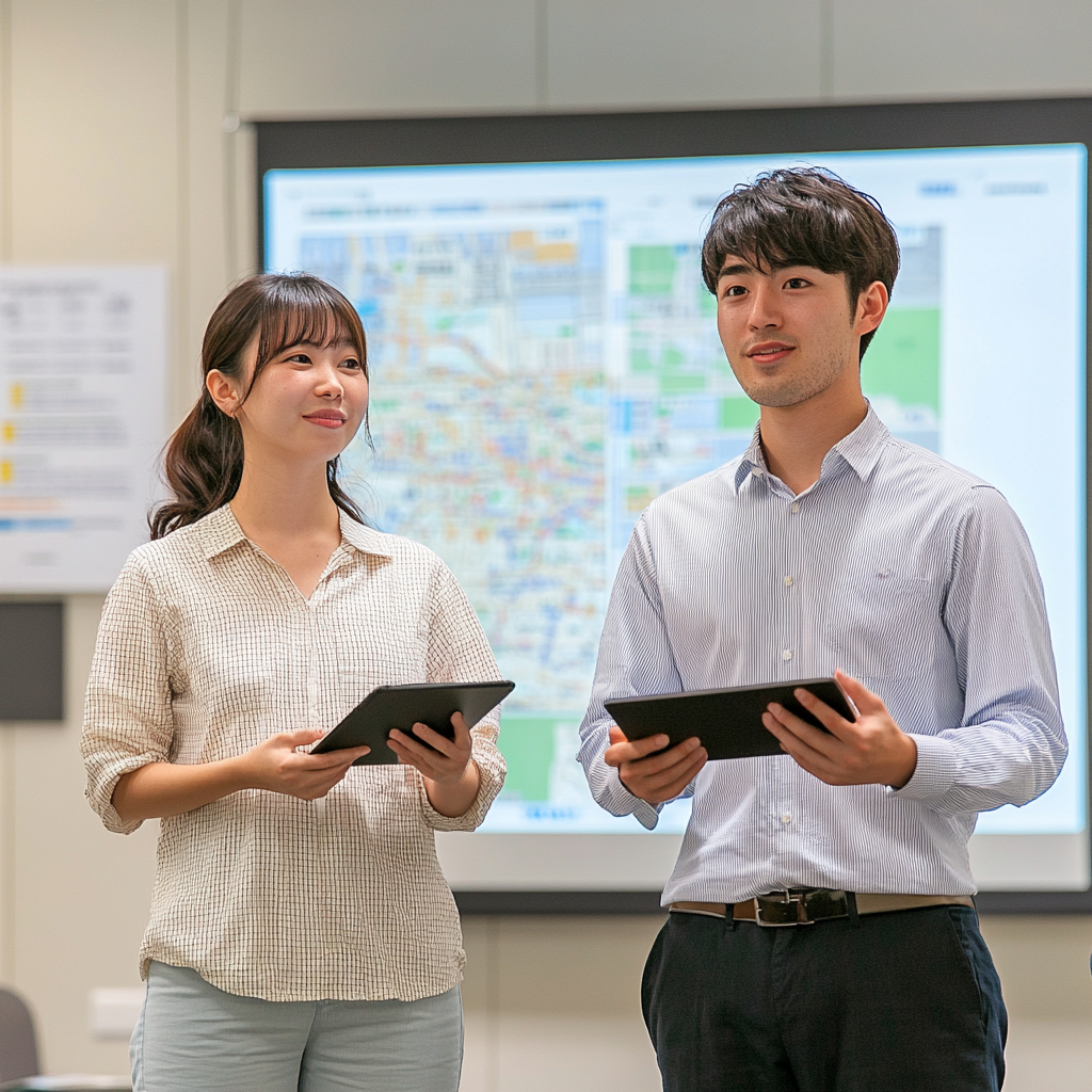 Indoor event showcasing Japan's regional revitalization with presentation.