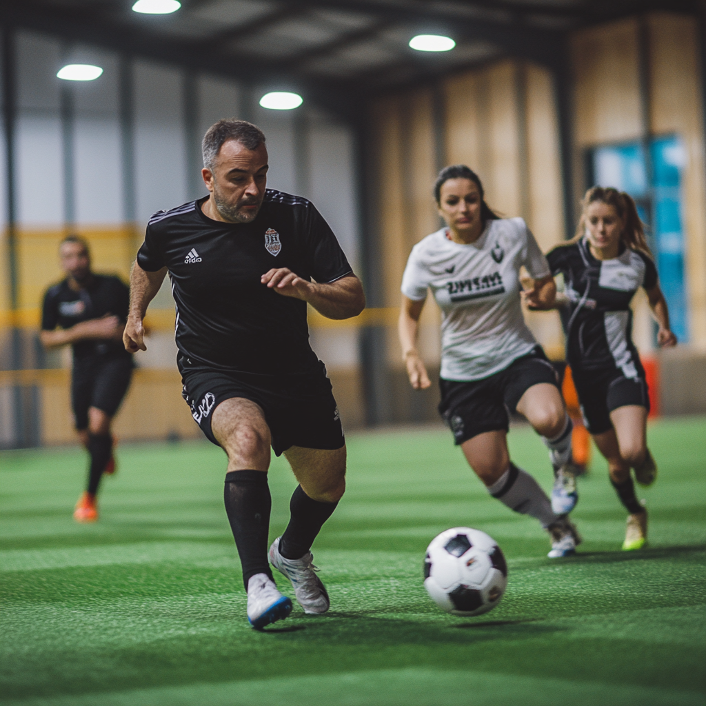 Indoor match with 30-year-old men, 2 teams, synthetic grass.