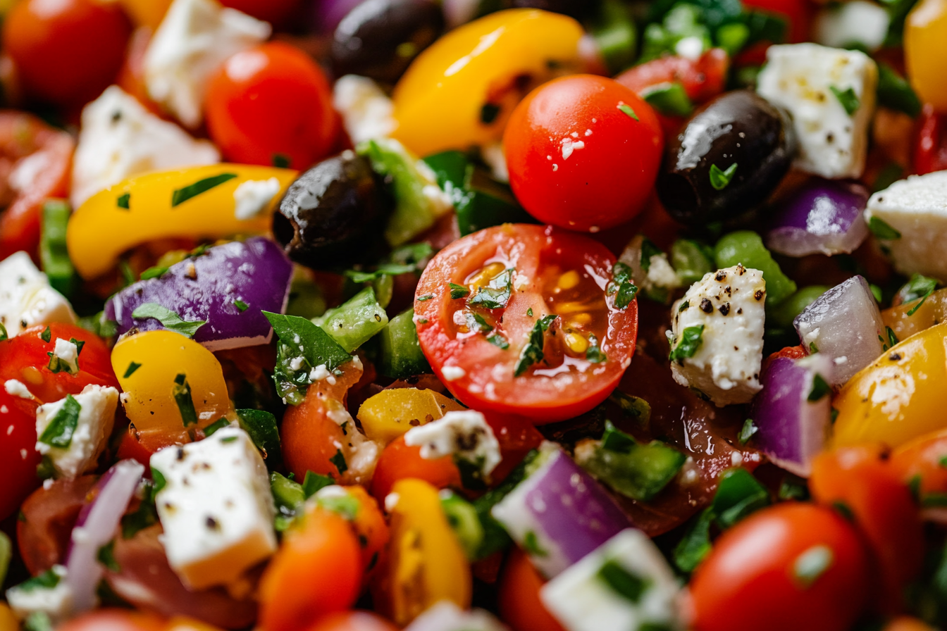 Indulgent Greek Salad in dramatic lighting from top view.