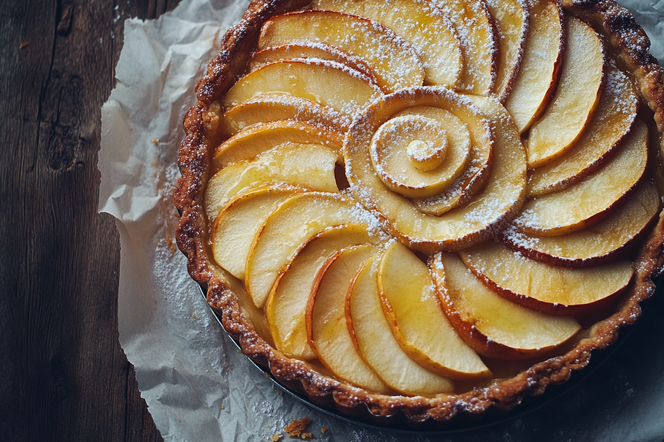 Indulgent apple tart with sliced apples and sugar swirls