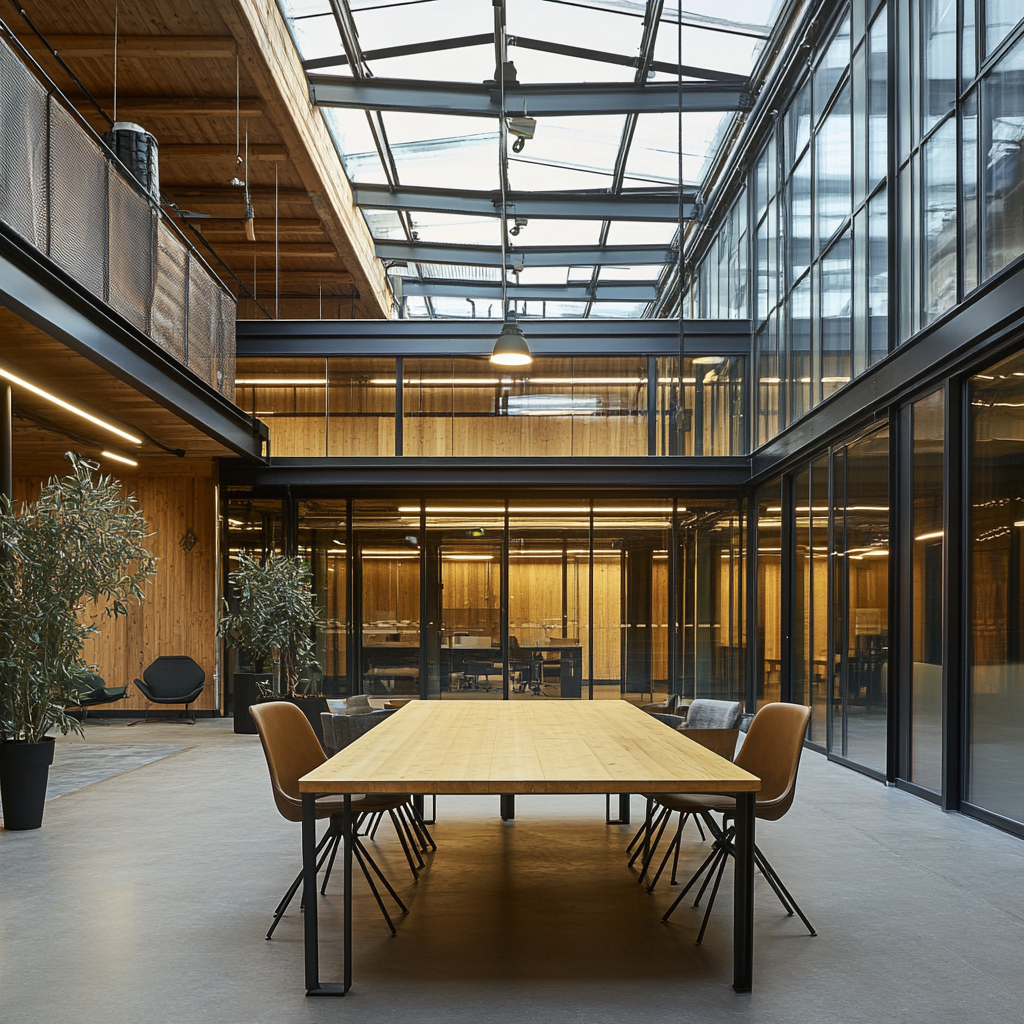 Industrial Hall Office with Wood, Glass, Aluminium Facade