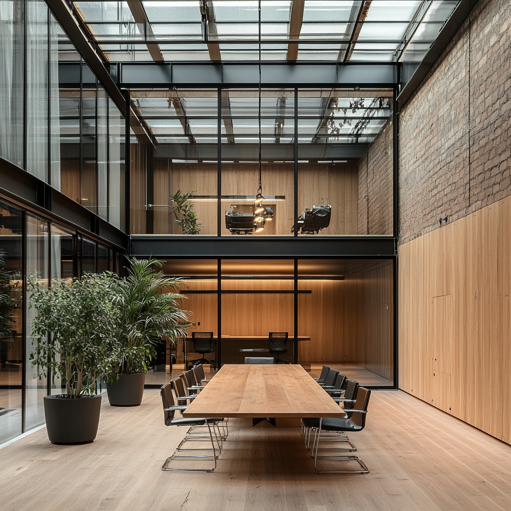 Industrial Office with Glass, Wood, and Aluminium Facade 