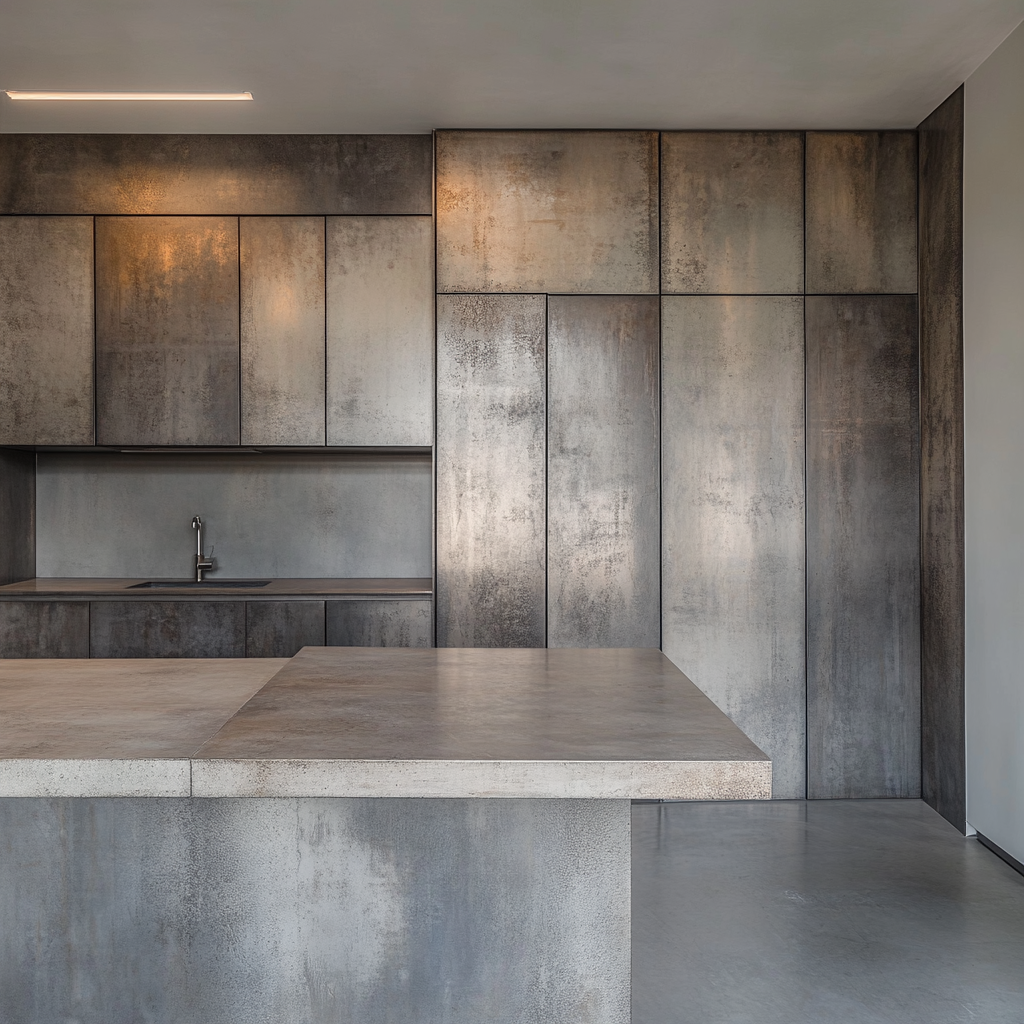 Industrial Style Foyer with Concrete Kitchen Design