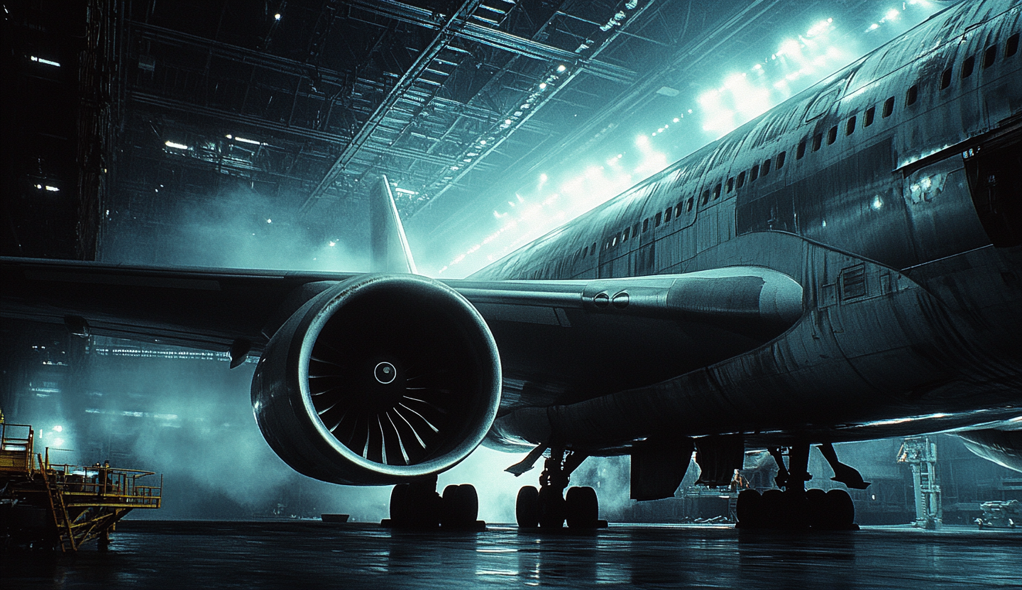 Industrial airplane turbine engine testing in cavernous hangar.