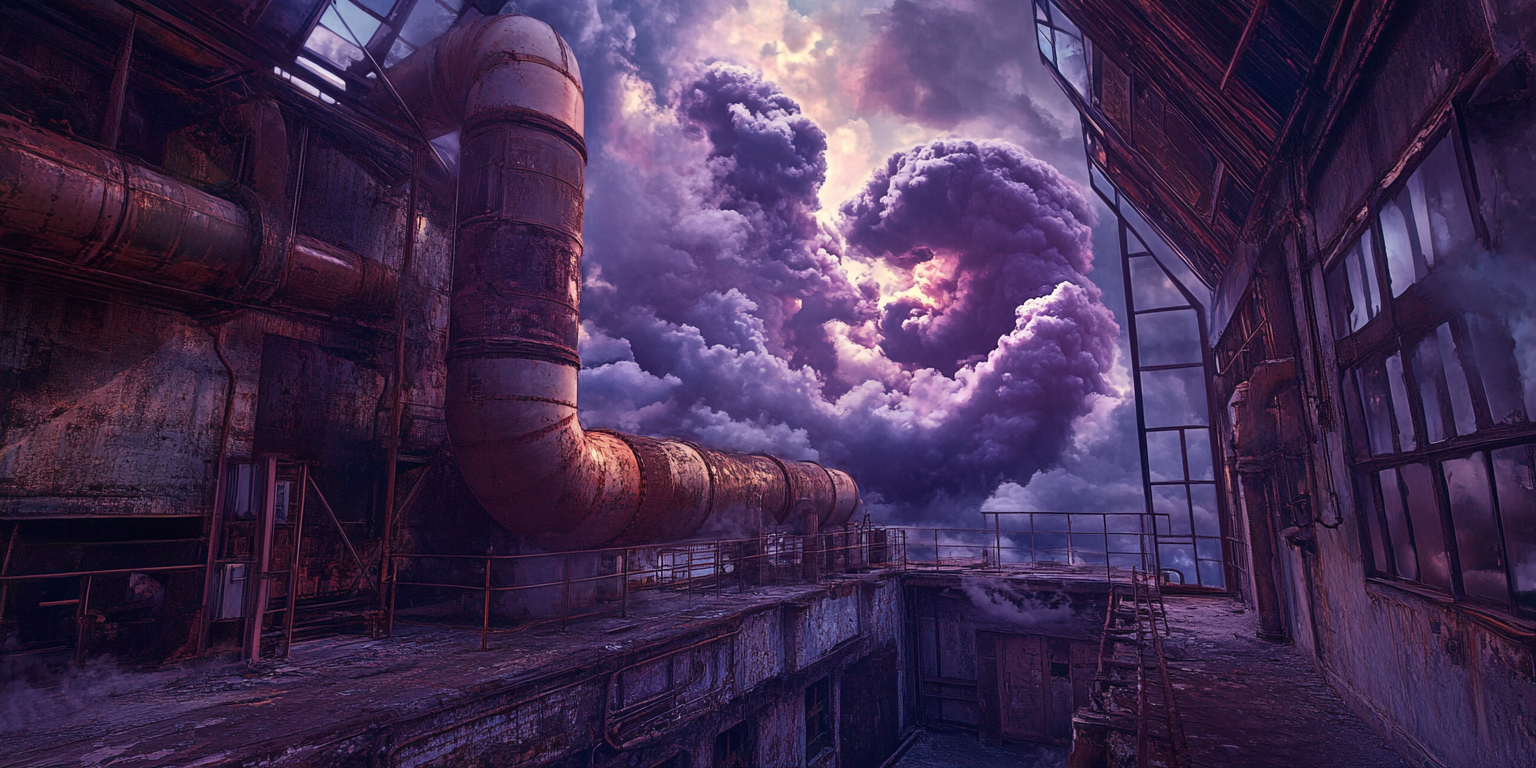 Industrial building with old rusty equipment, spiraling into clouds.