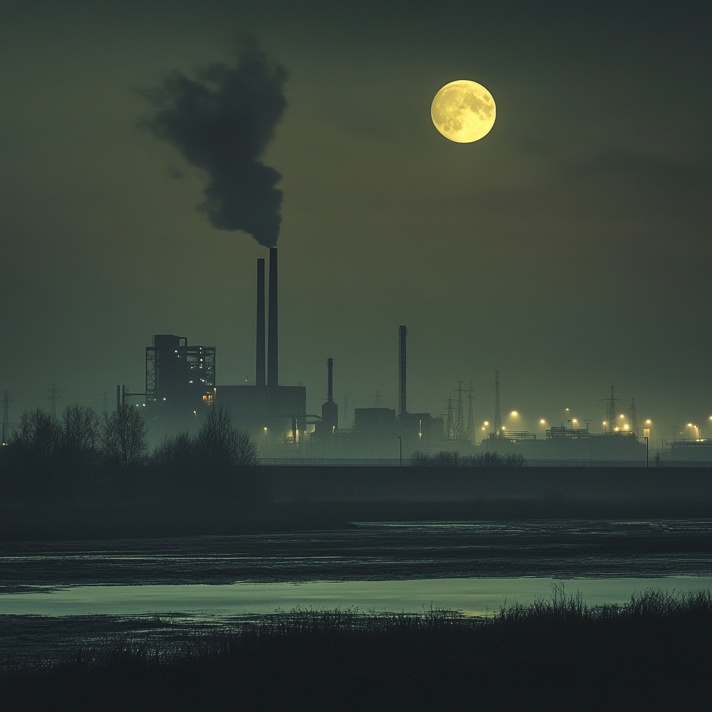 Industrial landscape at night, moon behind thick clouds. Salt, oil, diesel smell in cool breeze.