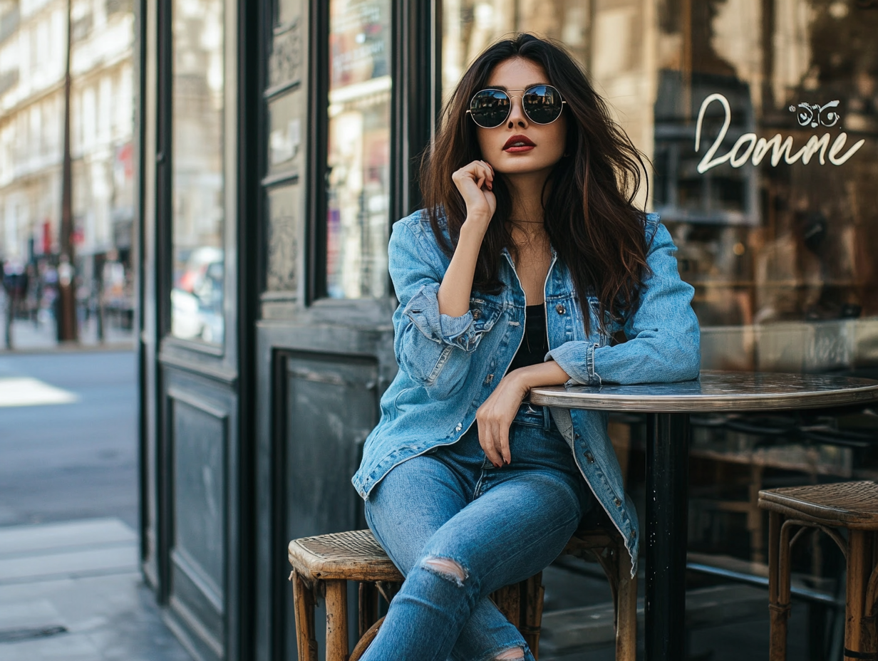 Influencer Emane Zami in Paris, denim outfit, sunglasses.