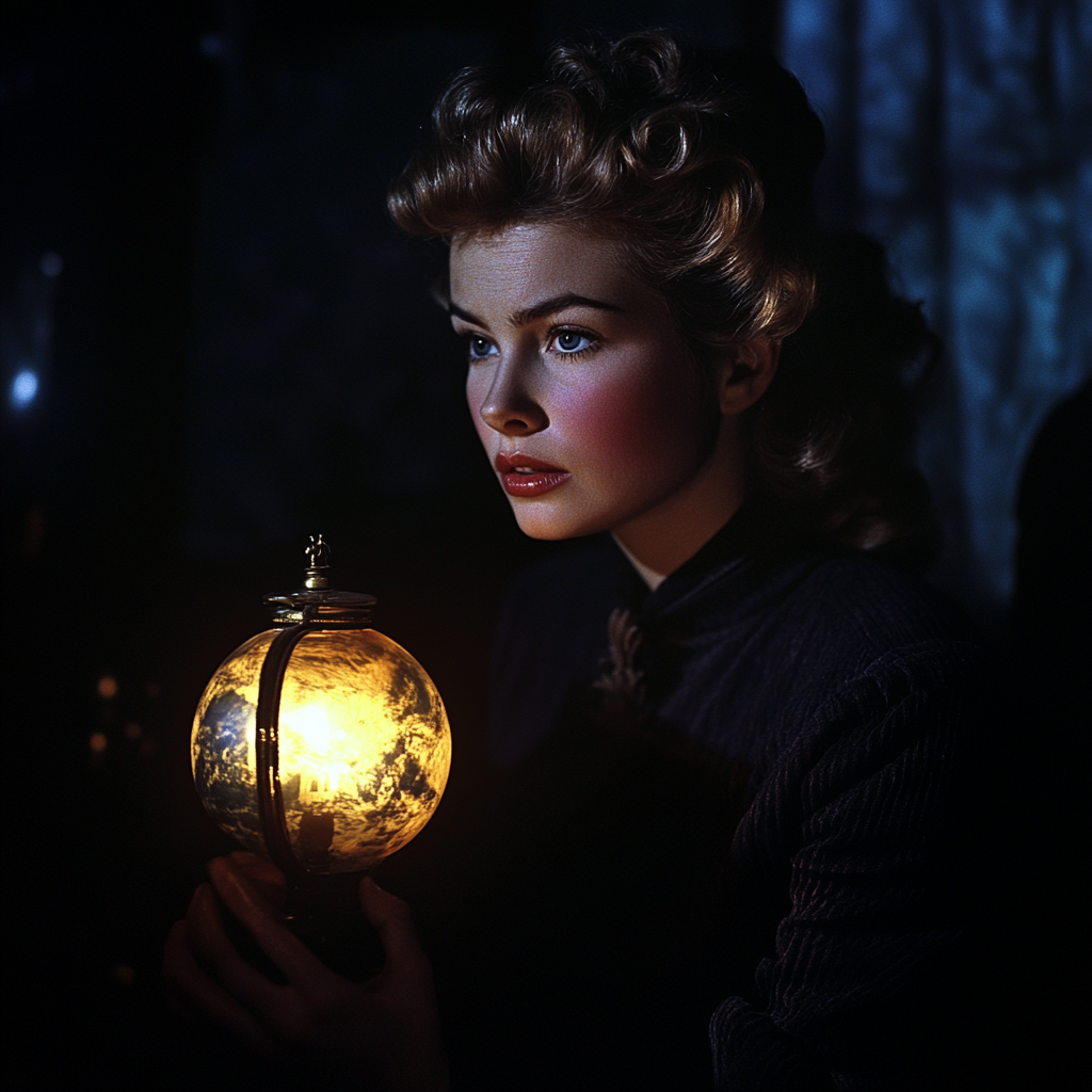 Ingrid Bergman at Gaslight movie set, cozy cabin