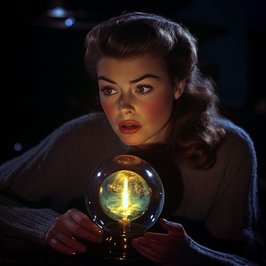 Ingrid Bergman gazes at gaslight in movie set.