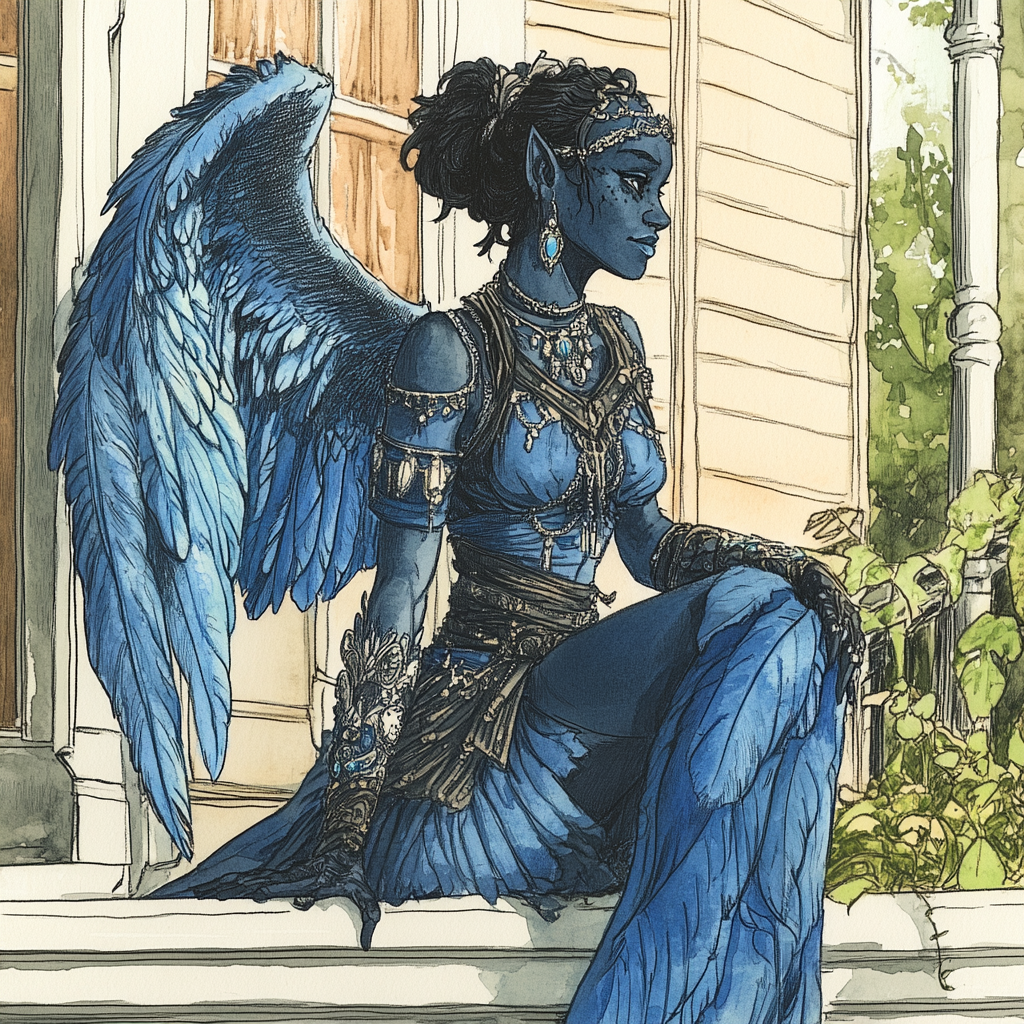 Ink Drawing of Dark-Skinned Harpy Southern Belle Woman