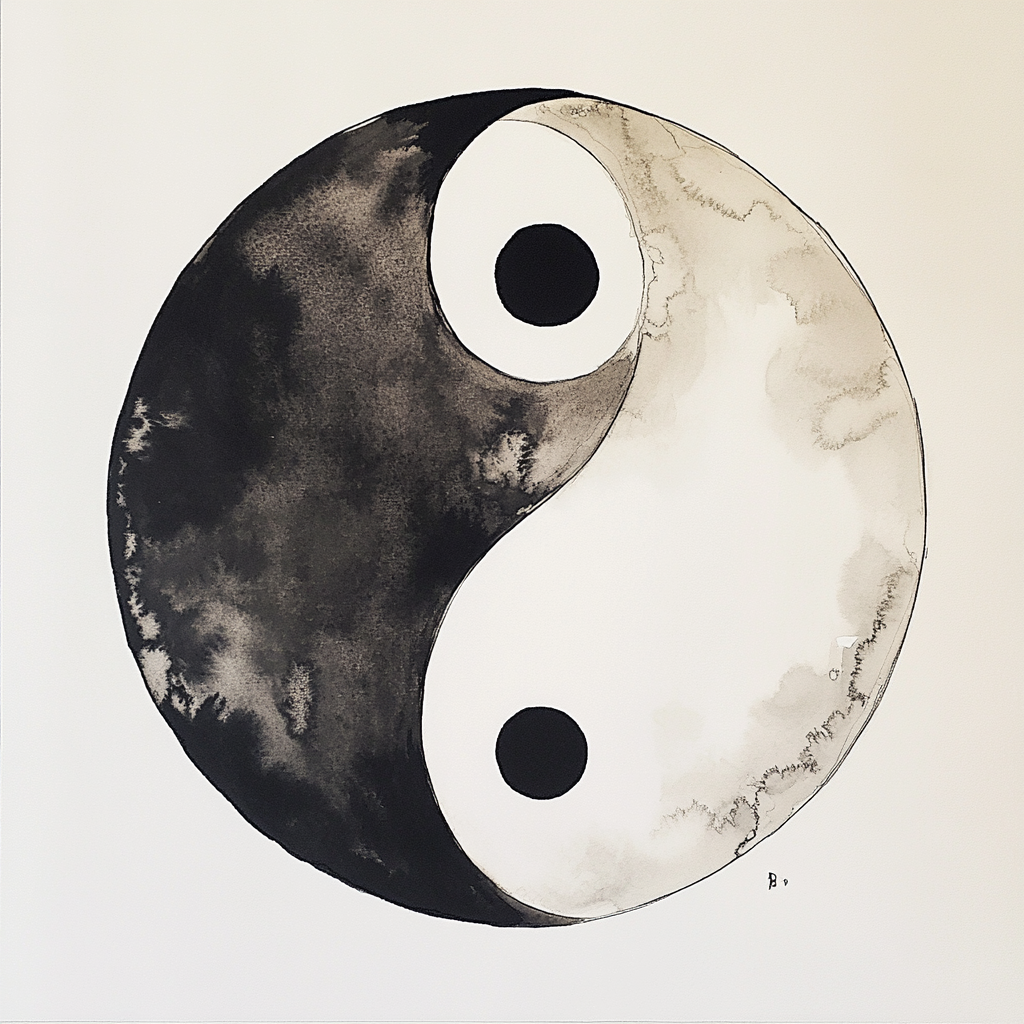 Ink wash yin-yang symbol with flowing brush strokes.