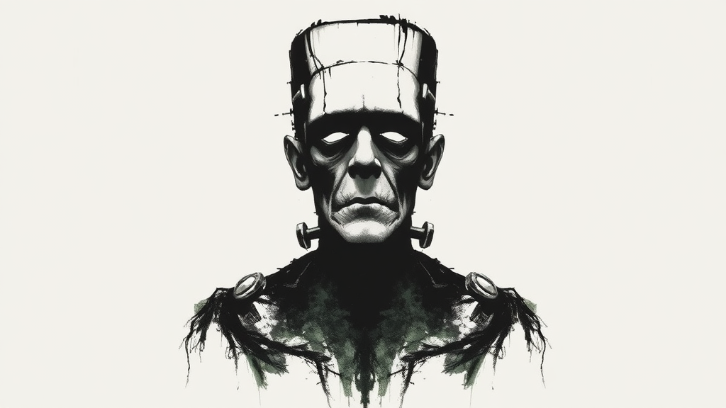 Inked Frankenstein's monster: eerie, symmetrical design with darkness.