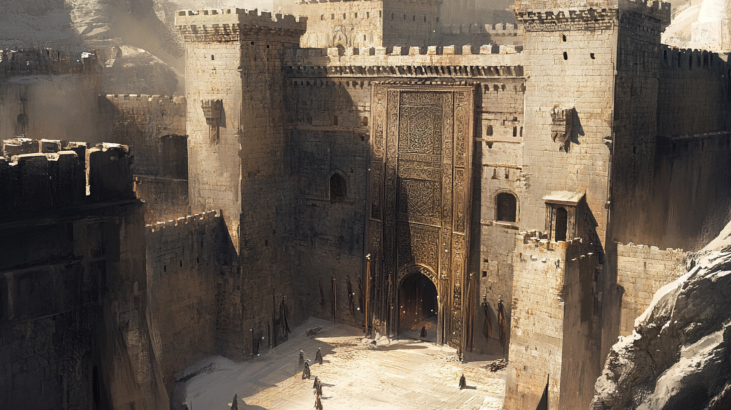 Inner courtyard of fortress with grey stone buildings.