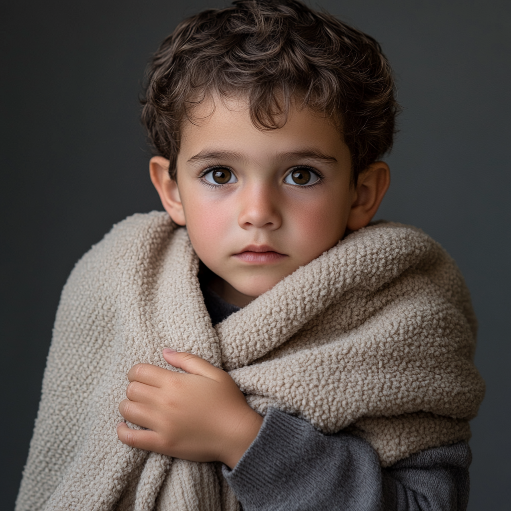 Innocent boy with blanket in a studio portrait.