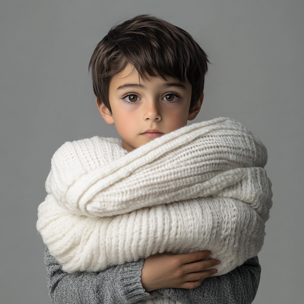 Innocent boy with white blanket in high resolution