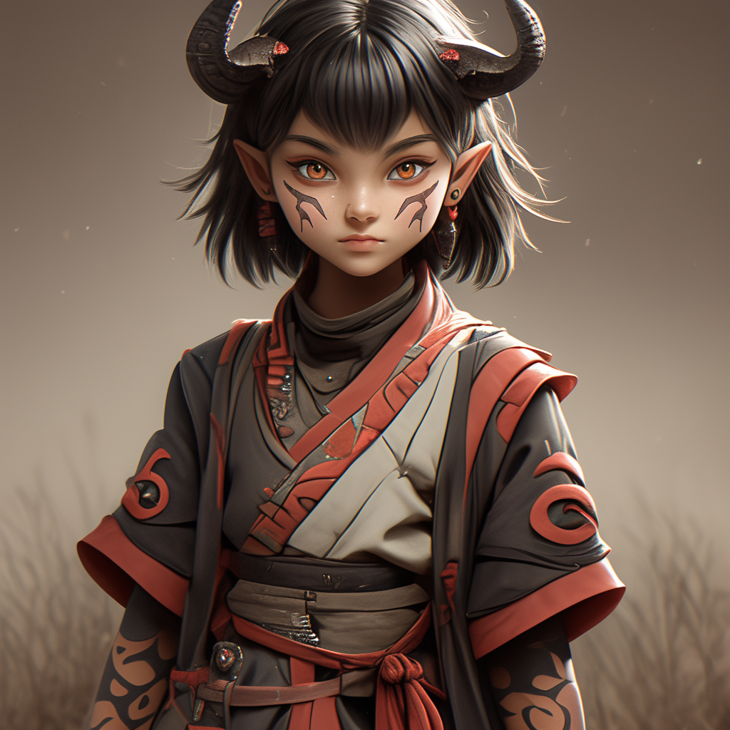 Innocent girl with onyx eyes, small horns, magic aura.