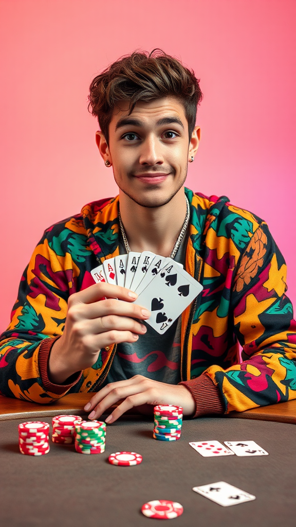 Innocent young man plays poker in trendy outfit.