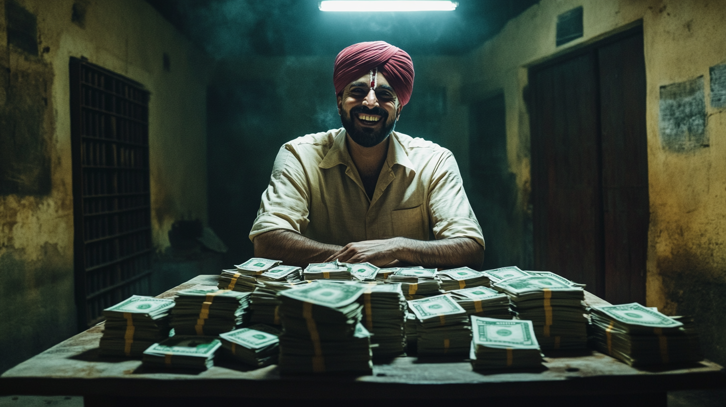 Inside a dark Indian prison, a fierce warden smiles at money piles.